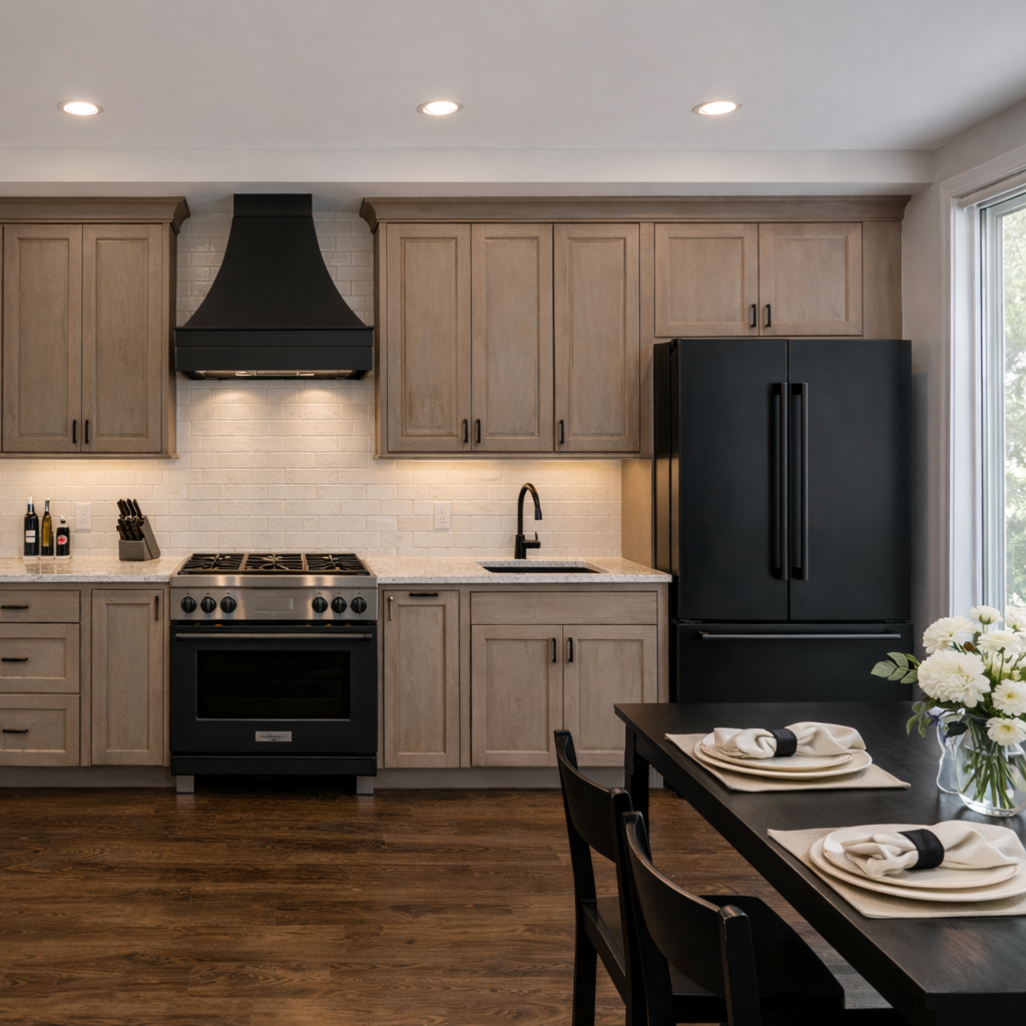 Medium wood gray shaker cabinets in a Linear layout kitchen with black appliances and hardware