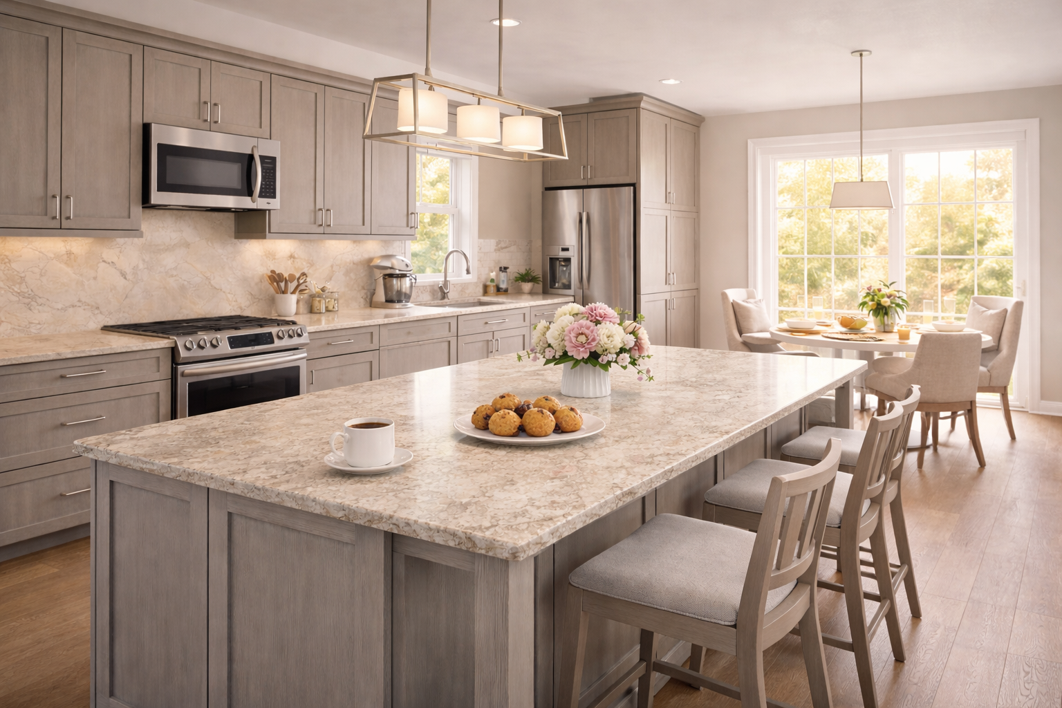 Medium wood gray shaker kitchen with large island and beautiful breakfast nook  and granite countertops