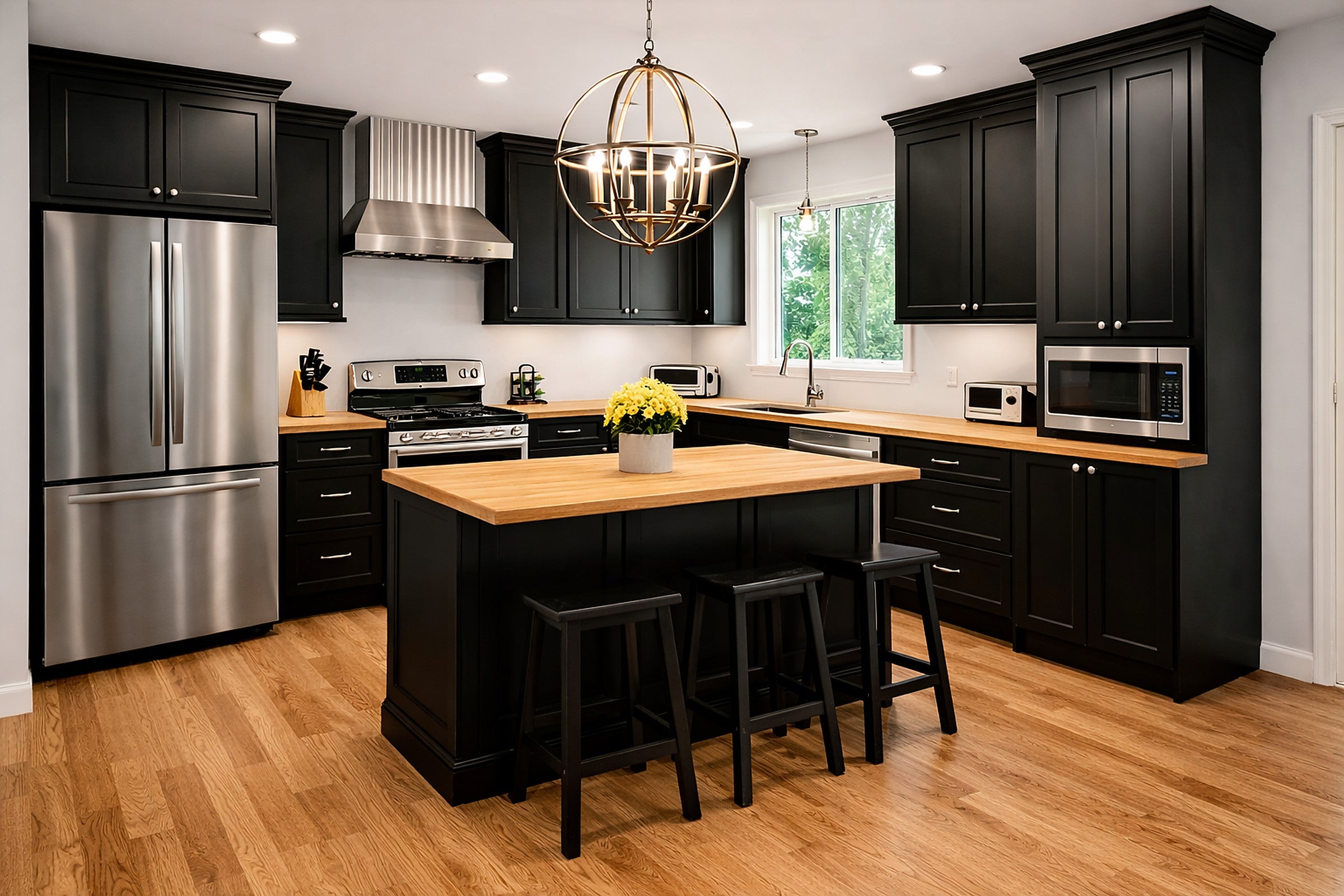 Modern kitchen in bold, classic black shaker with honey wood butcher block countertops and stainless appliances