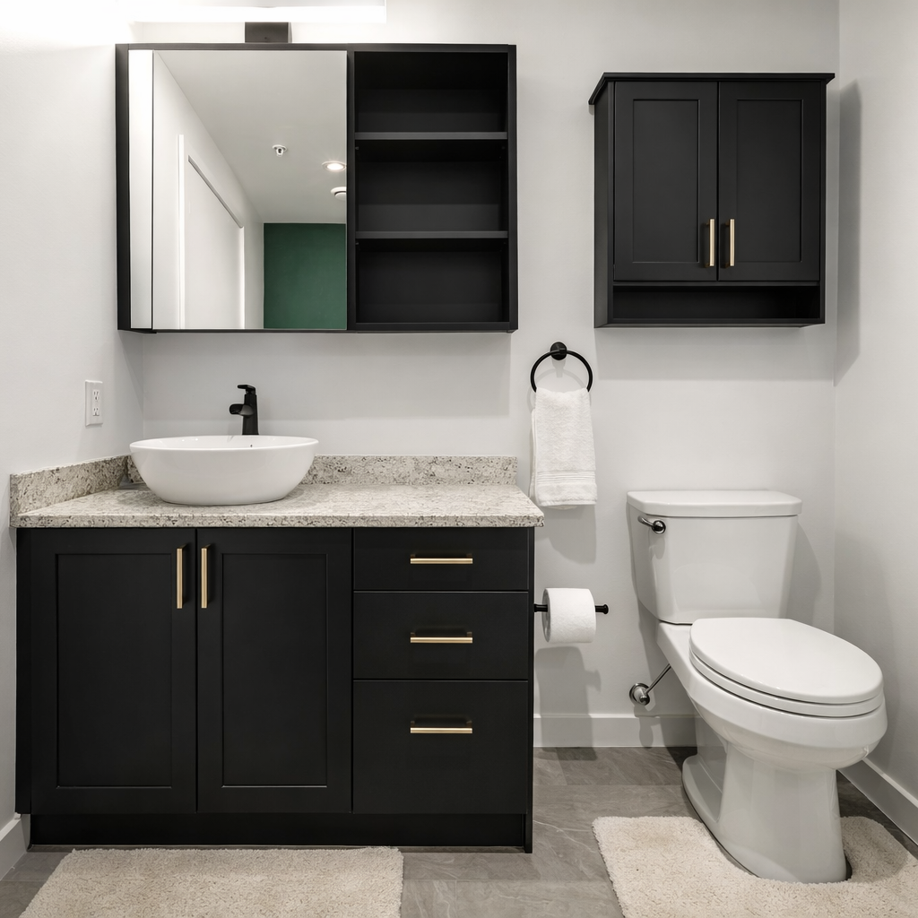 Bathroom with black shaker cabinets and bowl style sink with beautiful brushed gold hardware