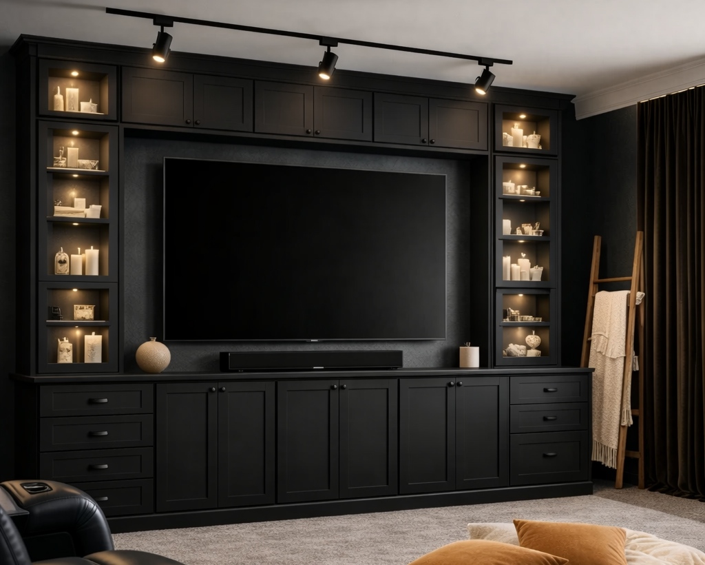 Gorgeous midnight black shaker custom media center using Canterwood Cabinets black shaker cabinets from their signature collection 