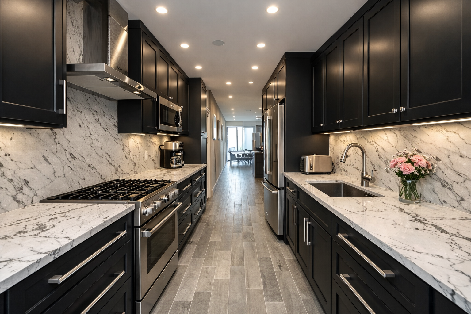 Modern kitchen with elegant quartz countertops in a black shaker, galley style kitchen with stainless steel appliances