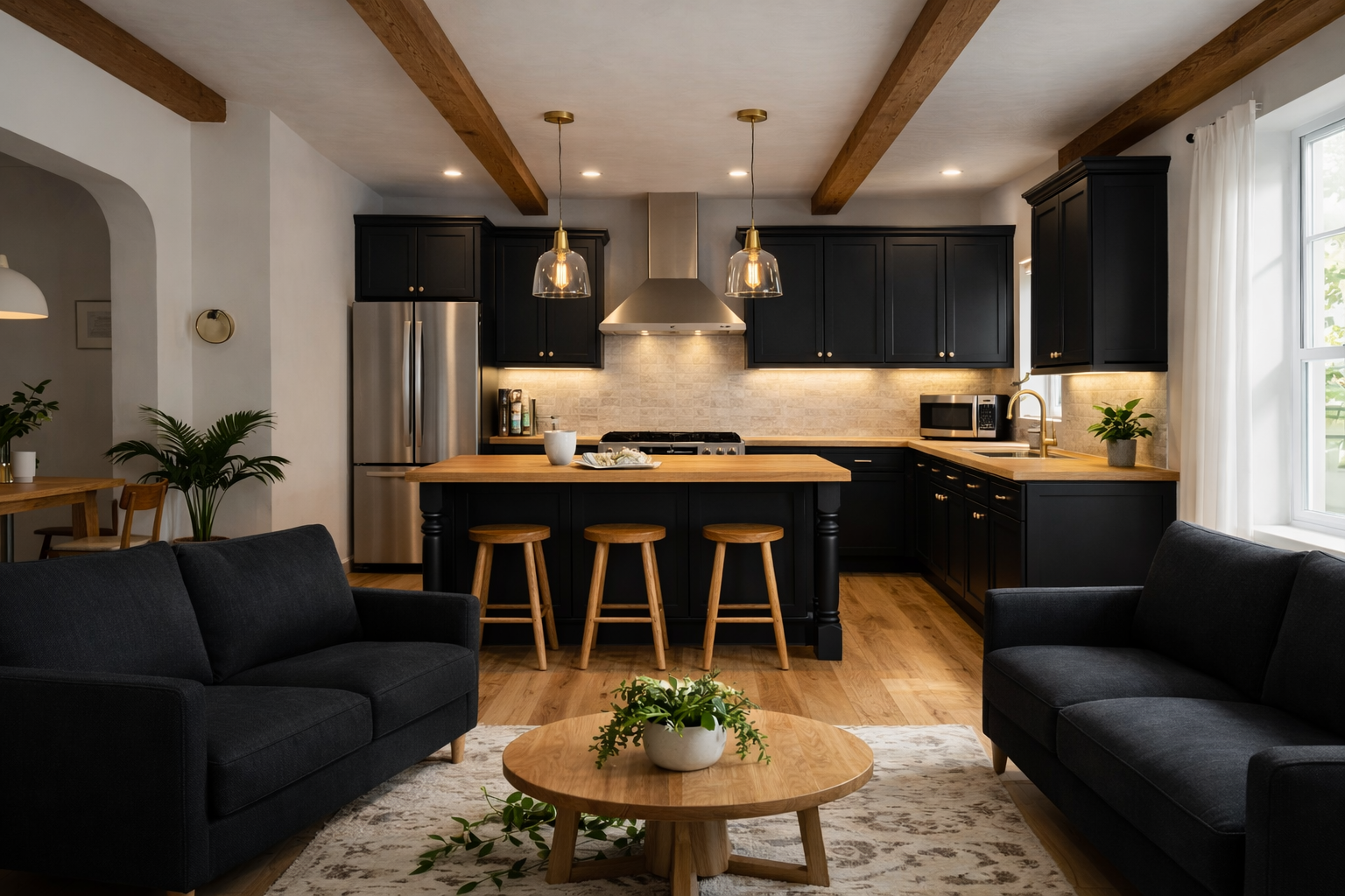 Modern kitchen in small open concept living space with black shaker cabinets, natural wood countertops and decorative island seating