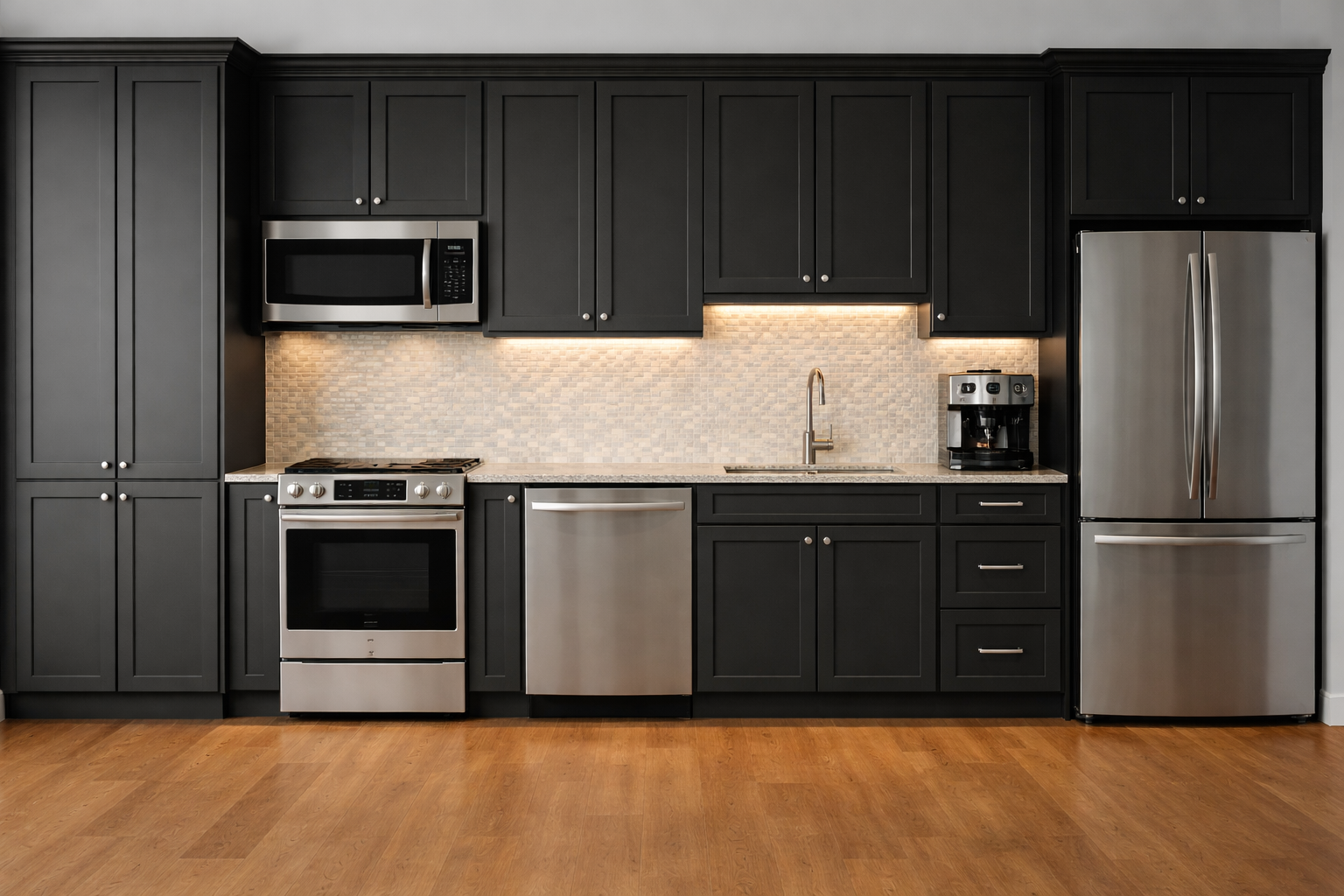 Modern Kitchen with black shaker cabinets in a linear style layout with stainless steel appliances