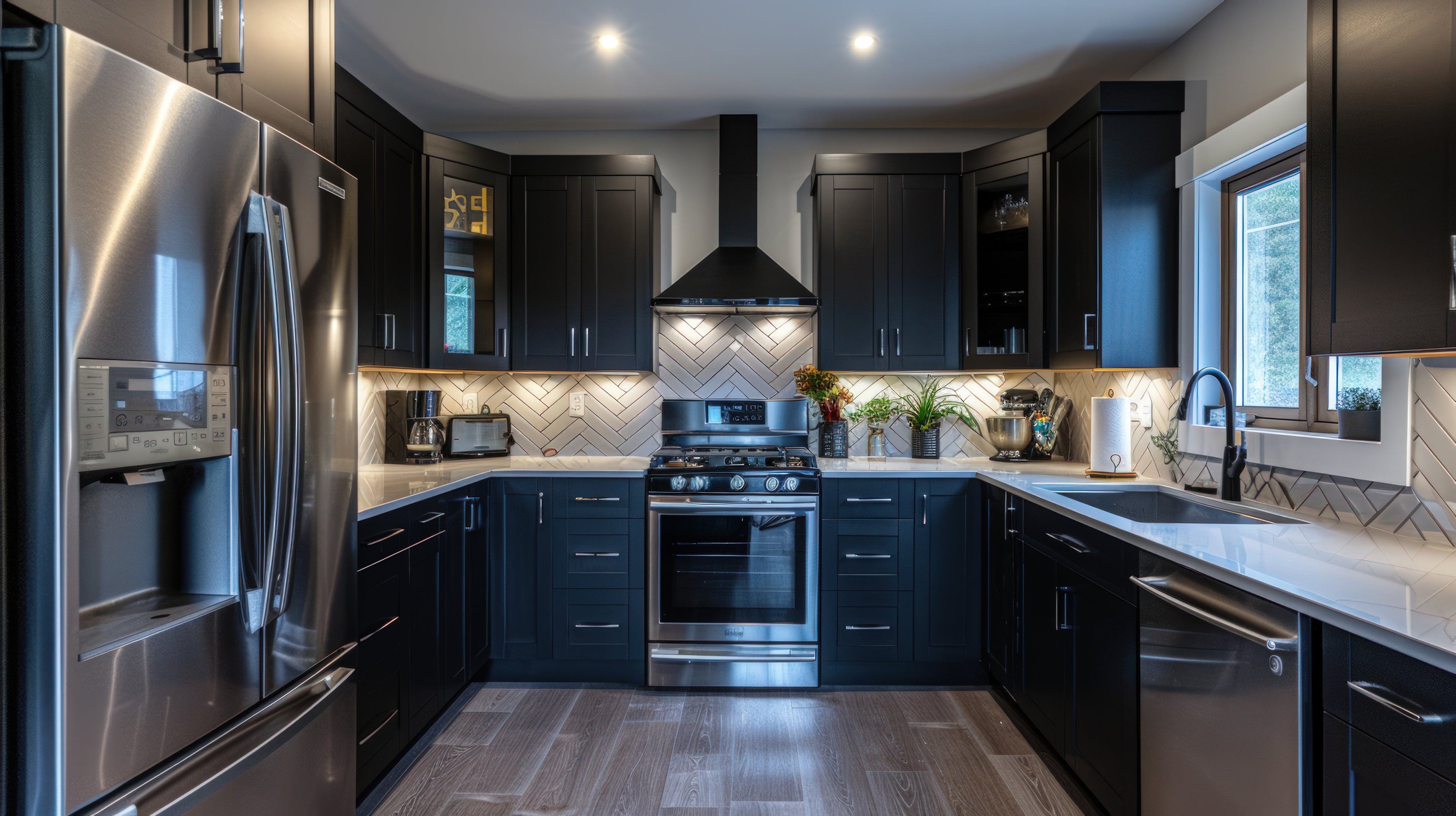 Modern black shaker kitchen with angled subway tile and quartz countertops adds elegance to this smaller u-shaped kitchen.
