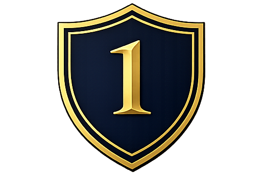 A blue and gold shield logo with the number "1" in it.