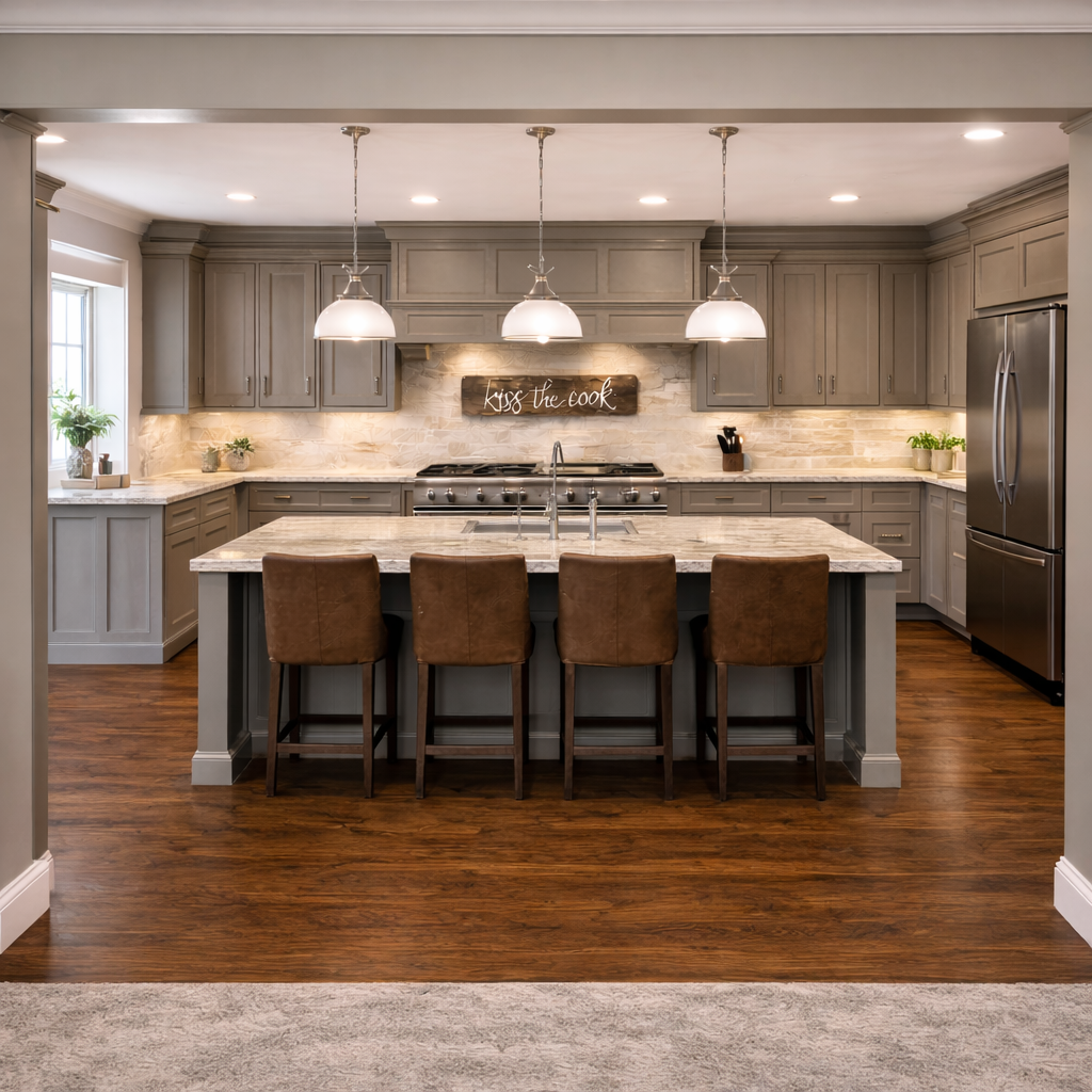 Newkirk Grey shaker kitchen, open concept, stone backsplash, dark wood flooring