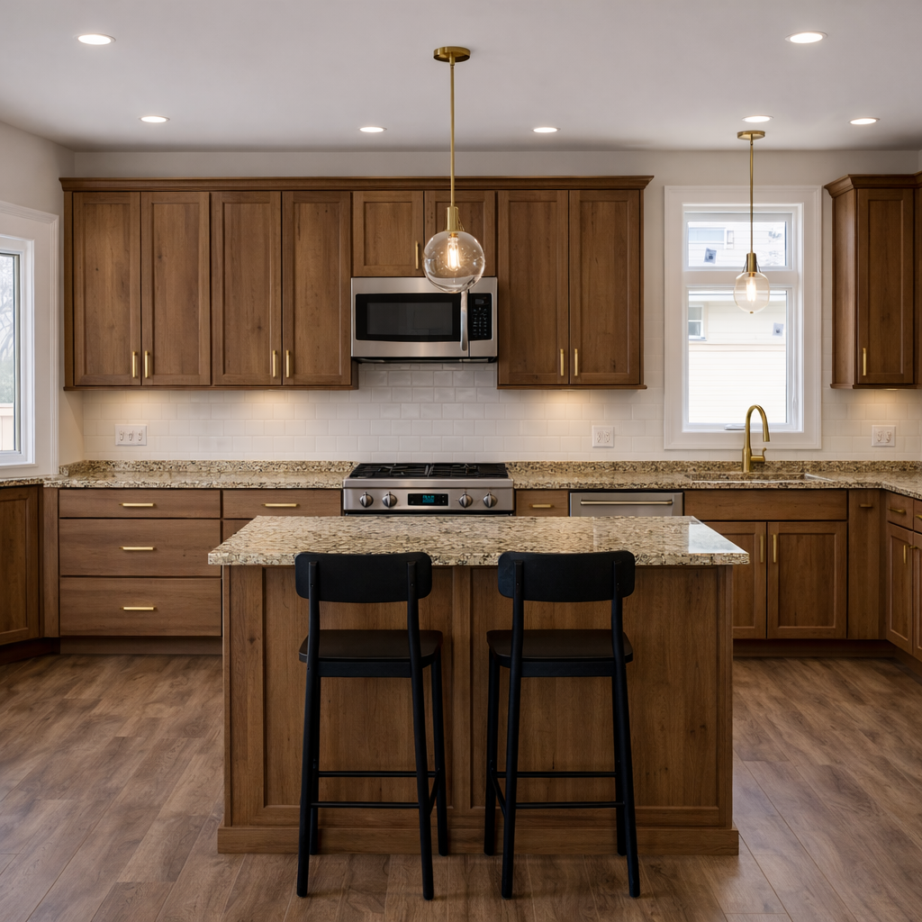 Rustic Hickory Shaker cabinets with dark beige, brown and black stone countertop and gold hardware