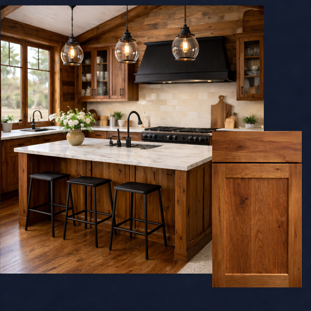 Real wood Rustic Hickory shaker cabinets in a country style L-shaped kitchen and marble countertops with beige graining