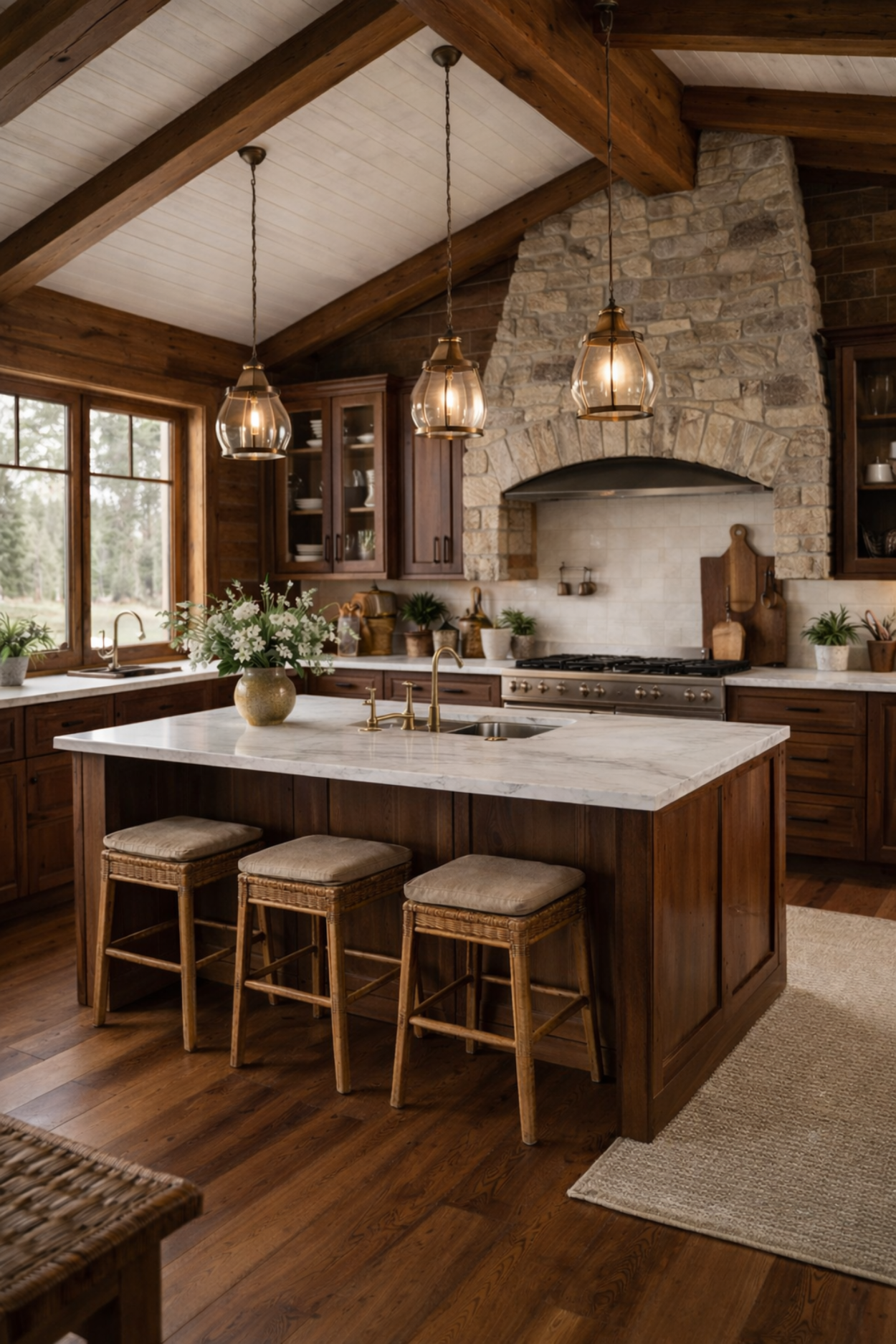 Rustic hickory dark wood shaker kitchen cabinets with custom stone range hood cover and white marble island in a luxury cabin-style kitchen.