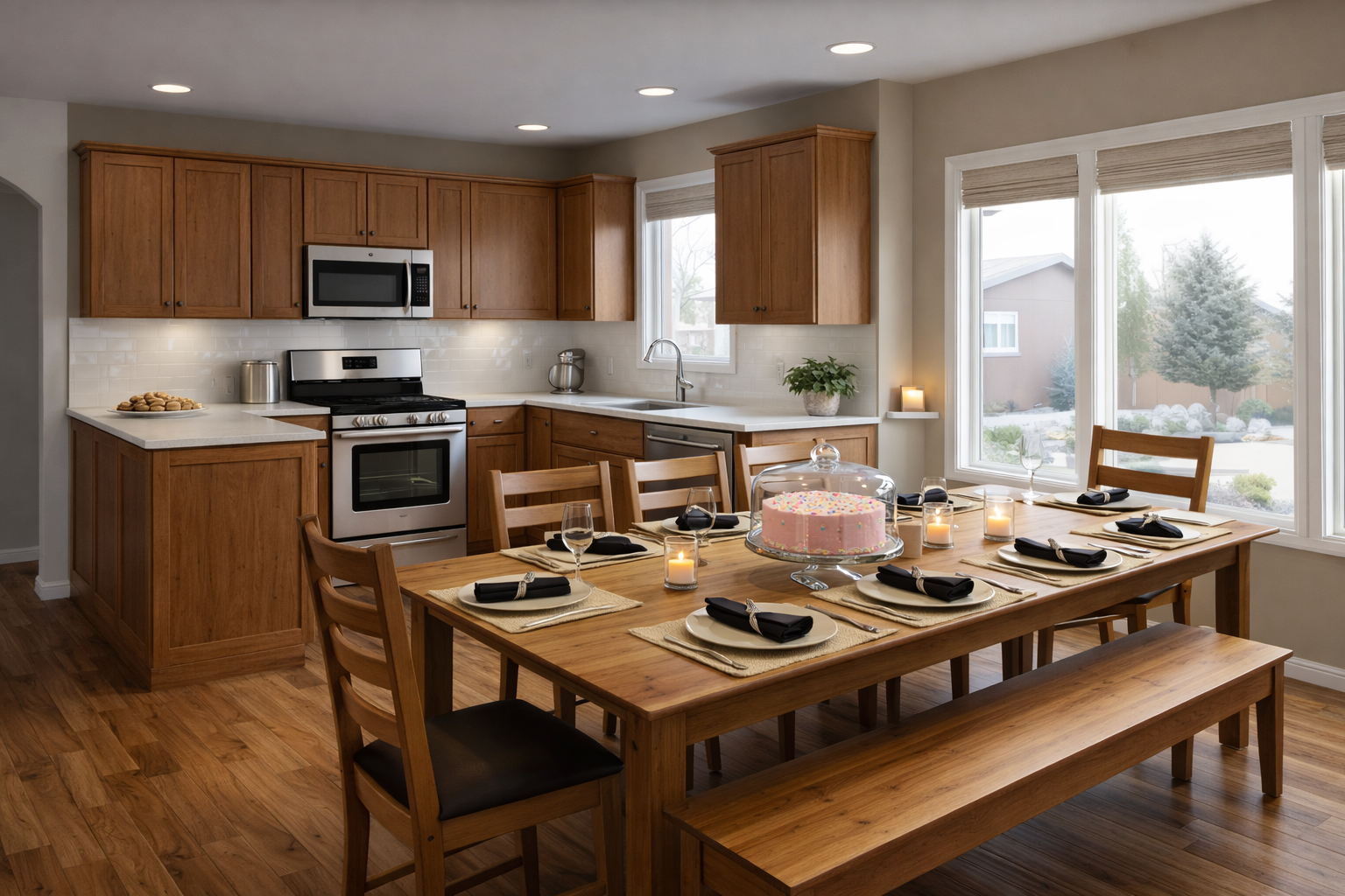 Modern kitchen with rustic vibe having a birthday celebration in an open concept layout