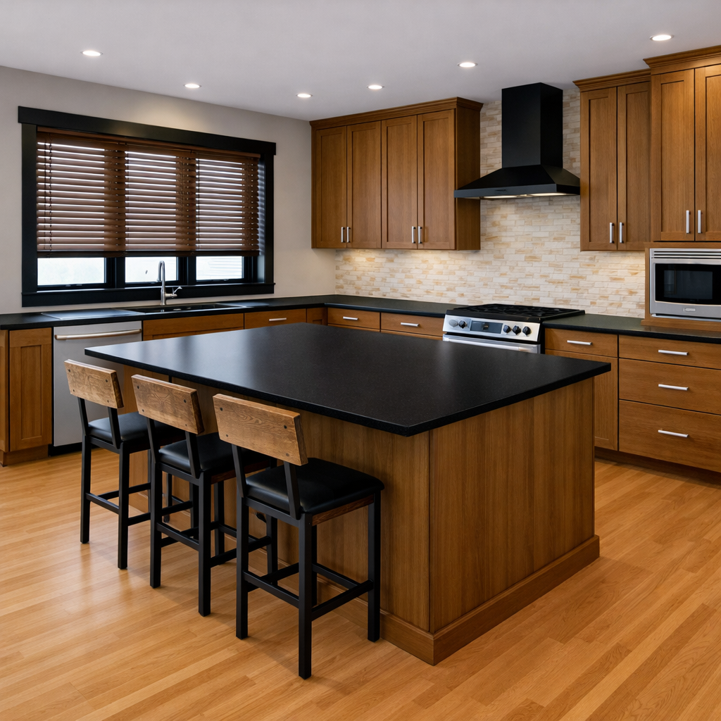 Medium hickory real wood cabinets with golden beige backsplash and black quartz countertops