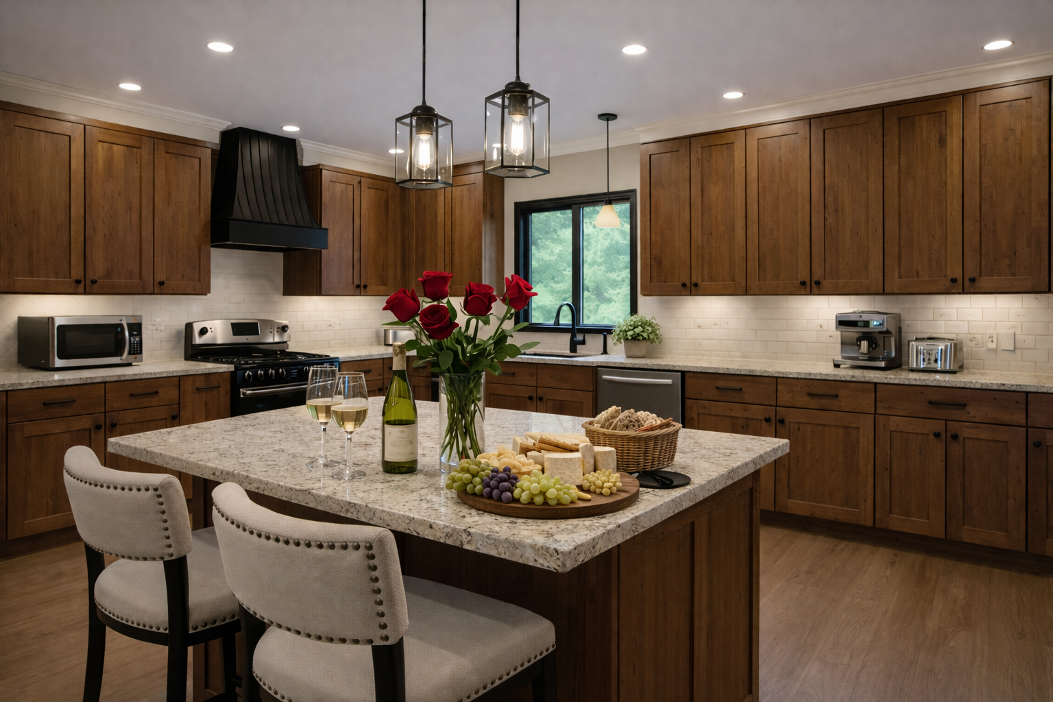 Modern, rustic, L-shaped kitchen with stainless appliances and black range hood and an island to accommodate for entertaining