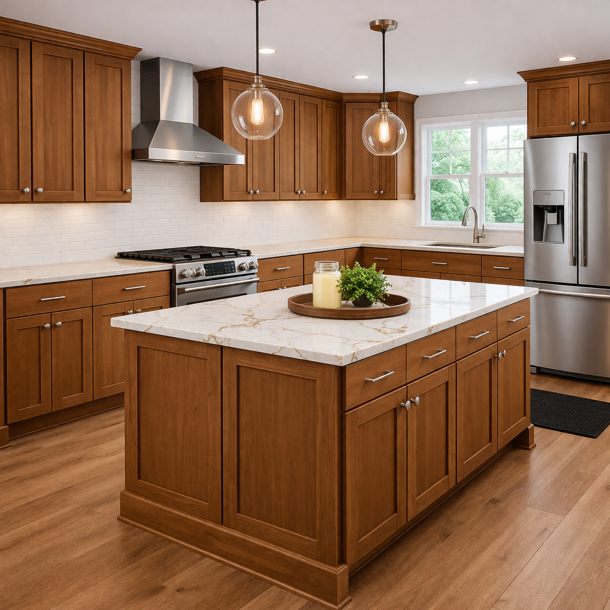 Modern kitchen with medium hickory real wood cabinets and white and gold quartz countertops with stainless steel appliances