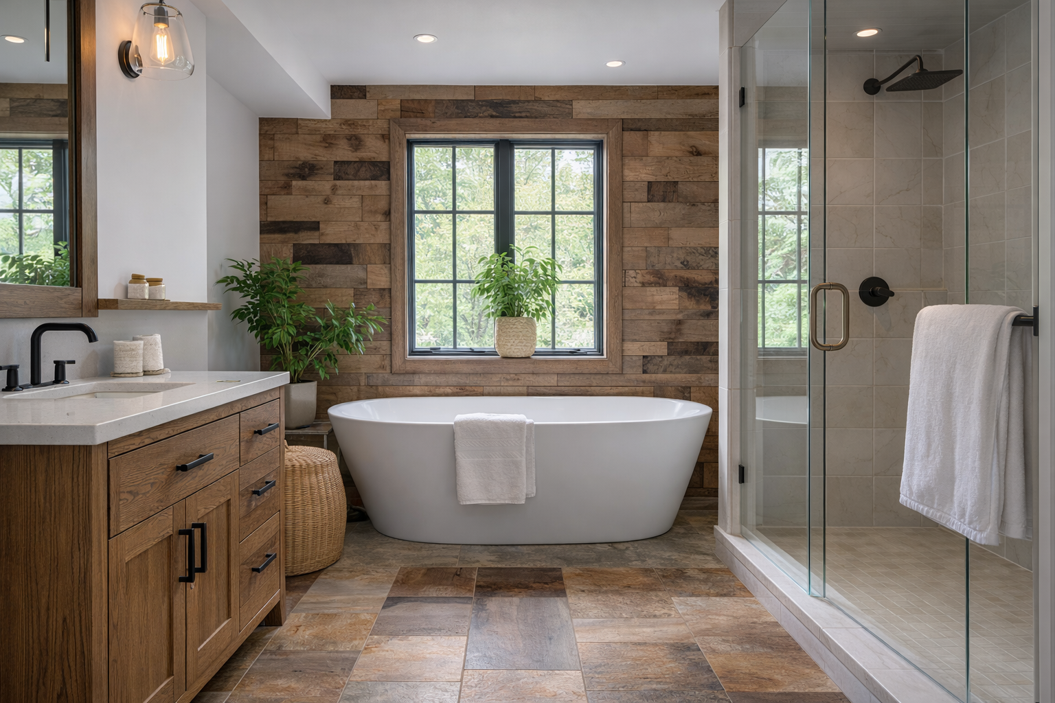 Country bathroom with rustic hickory shaker vanity, modern soaker tub, and glass shower.