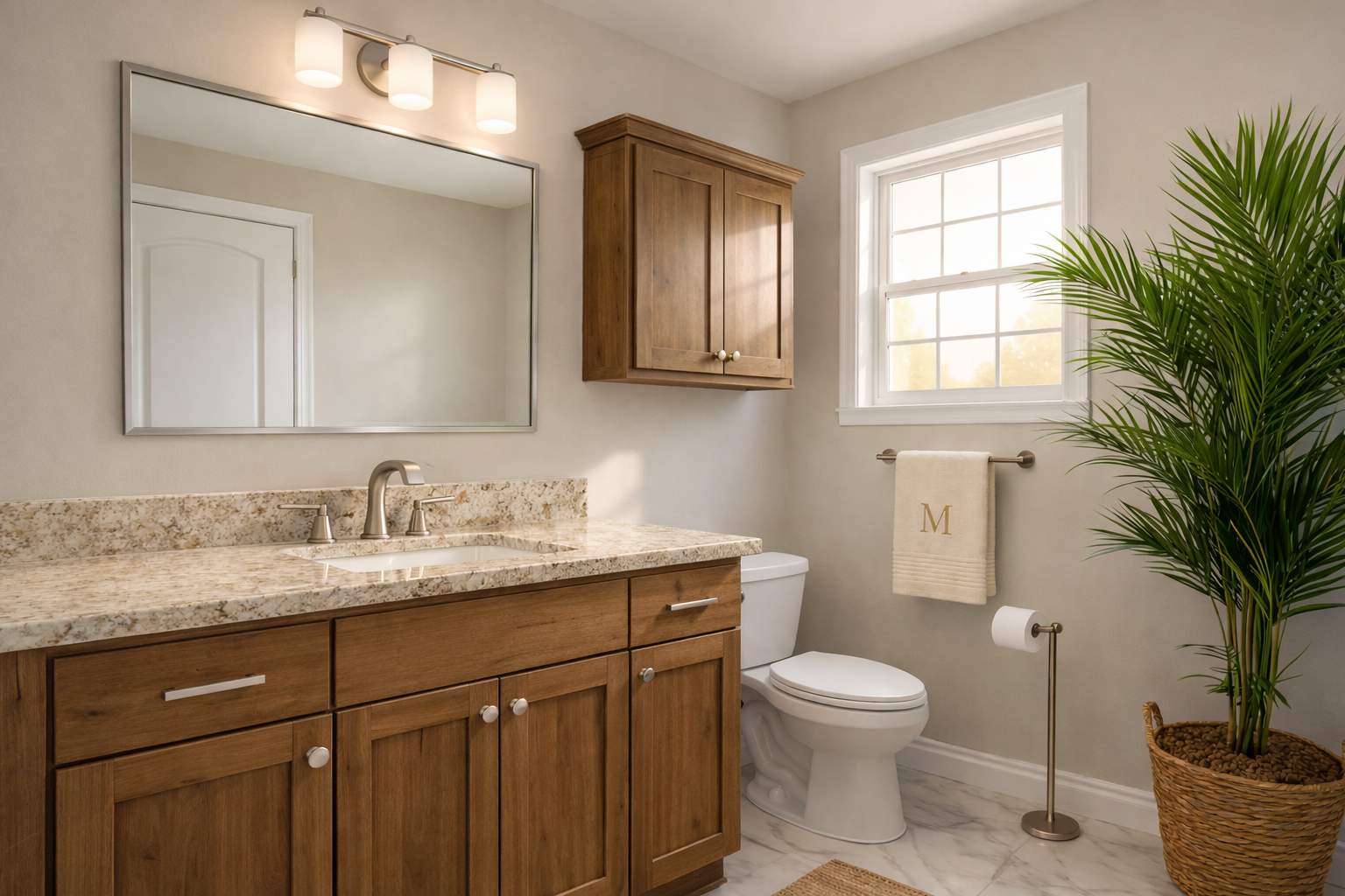 Bathroom with real wood hickory vanity, granite countertop and oversized plant