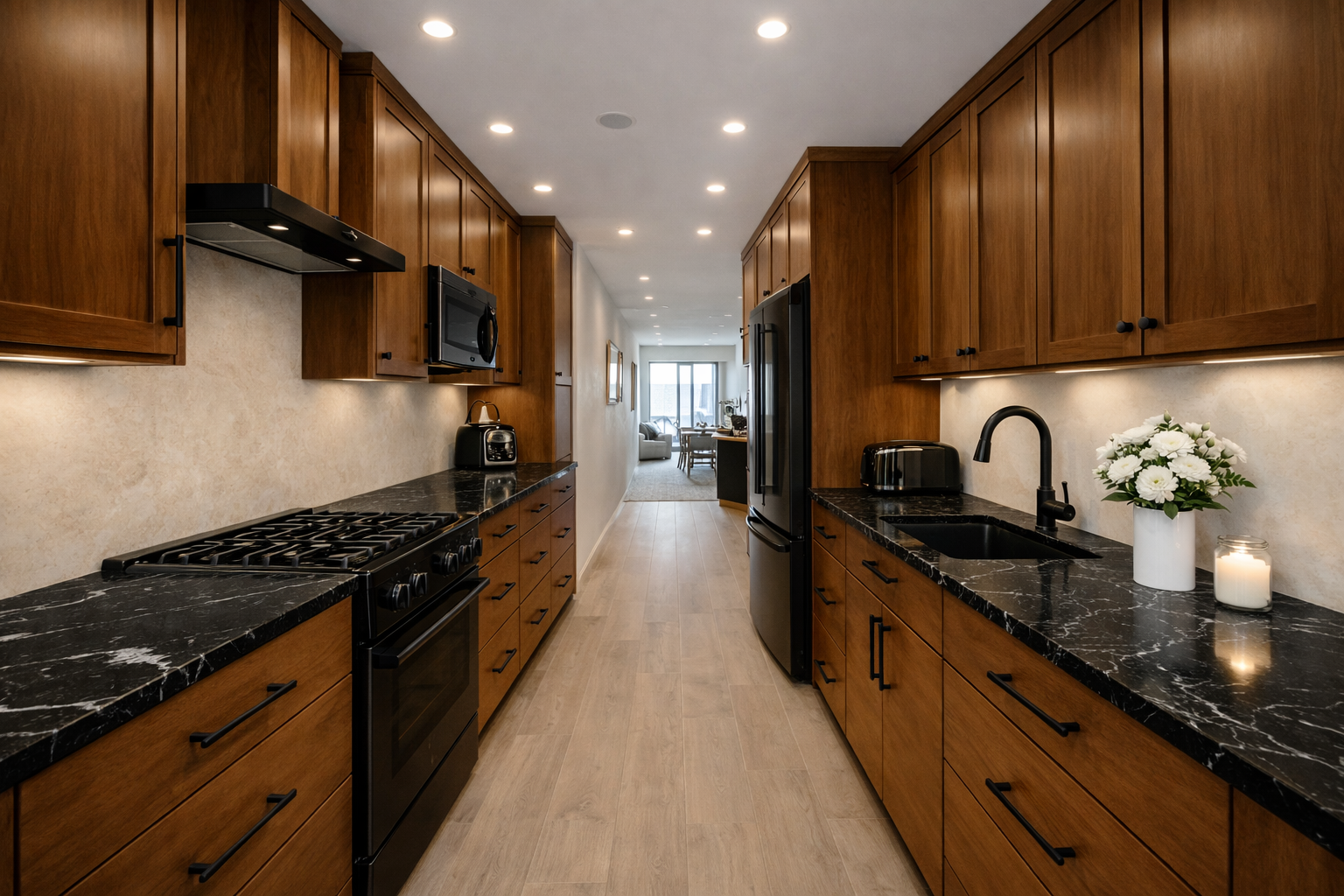 A galley style kitchen layout with rustic hickory cabinets by Canterwood Cabinets and black granite with white veining throughout makes for easy access to all preparation areas.