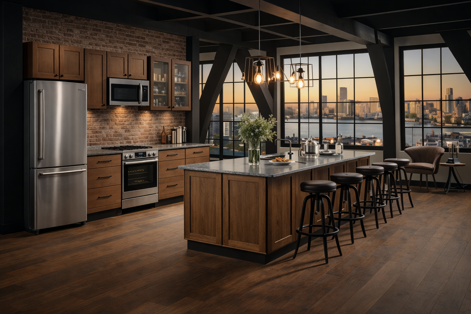 A beautiful, rustic, country-like kitchen with the city scape and bay in the background. The rustic hickory shaker cabinets by Canterwood Cabinets offers a legacy type finish for a rich look.
