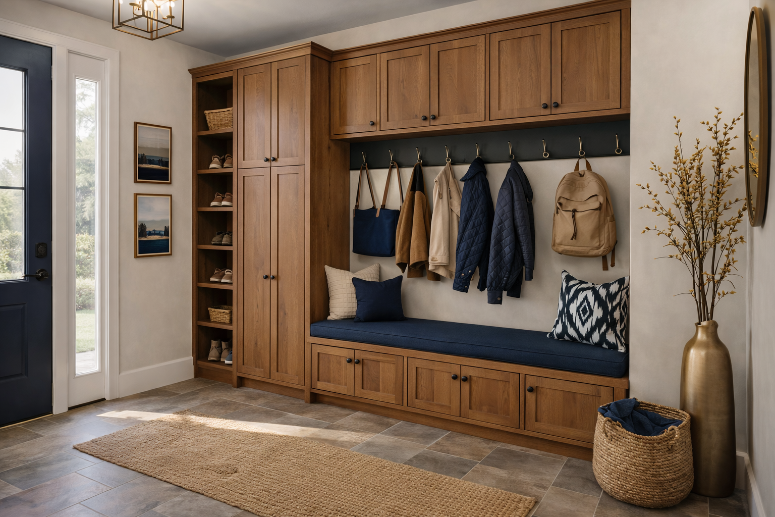 Modern entry way with rustic hickory shaker closet and seating for a beautiful mudroom to enter, drop and go.