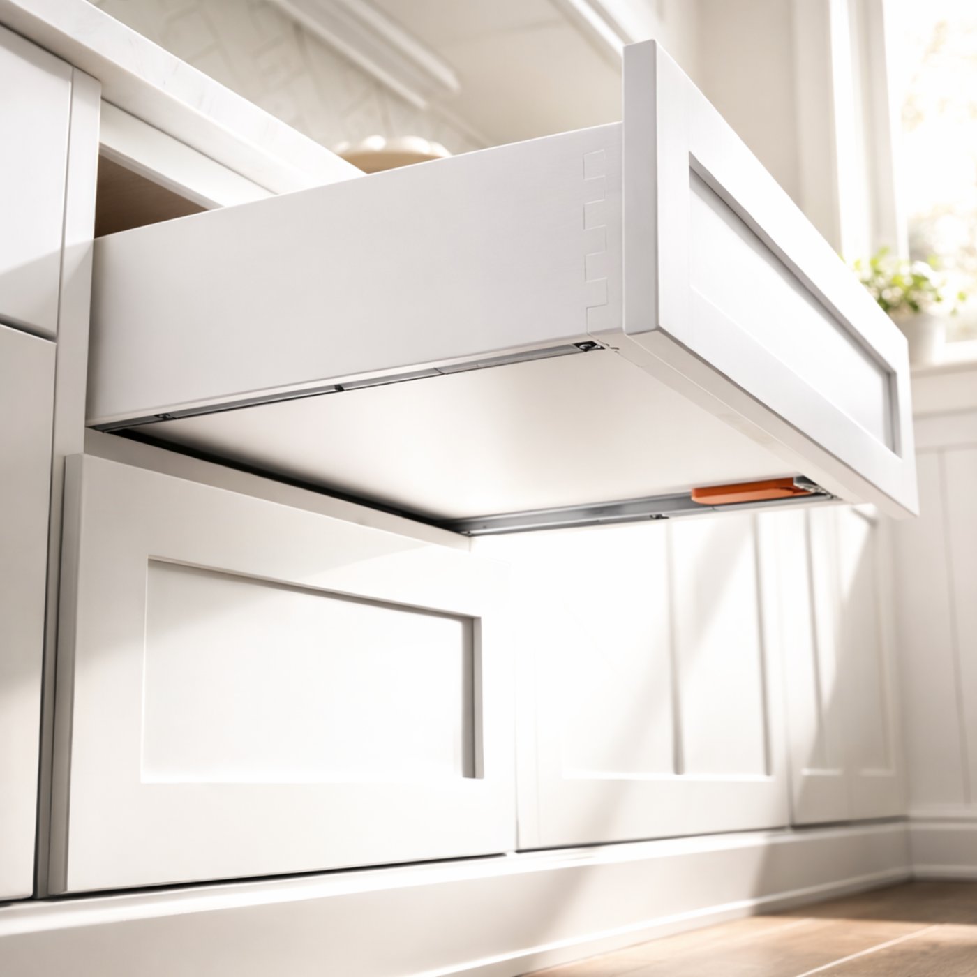 White shaker drawer cabinet showing undermount drawer glides and dovetail drawer joinery