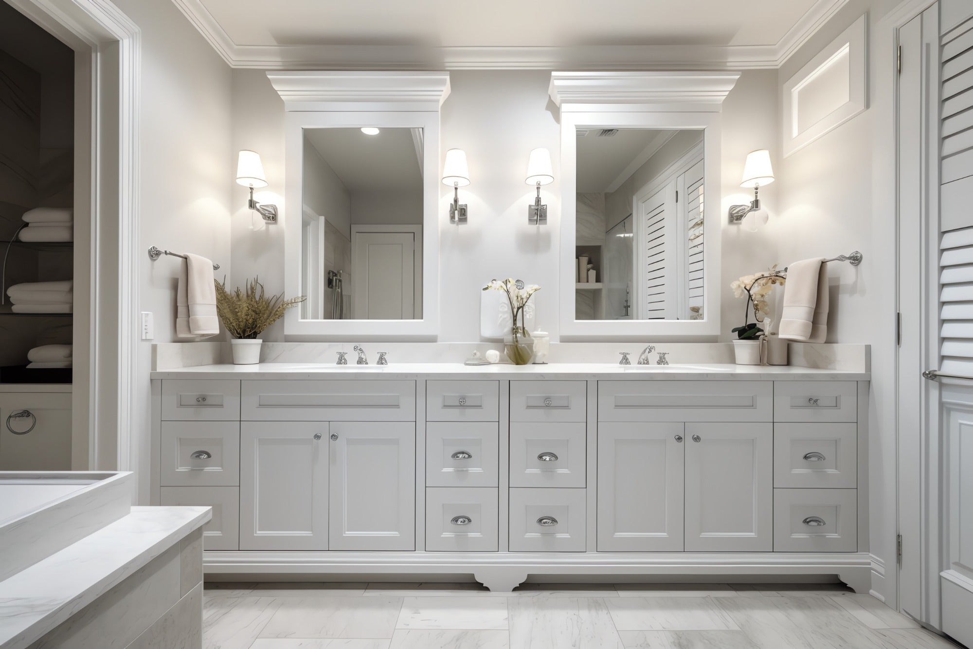 bright white shaker bathroom vanity with dual sinks and quartz countertop