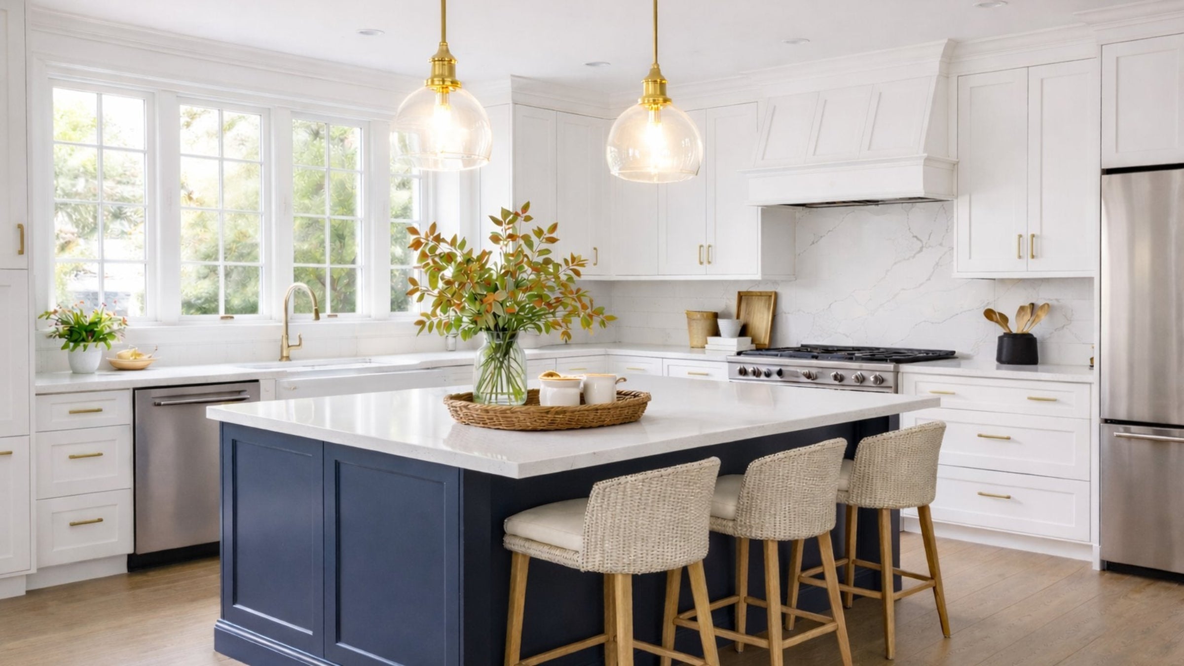Bright white shaker L-shaped kitchen with large navy blue island and gold accents